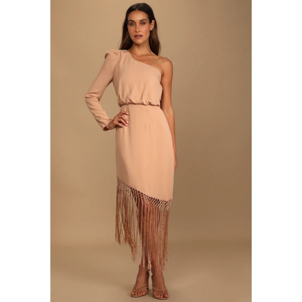 Lulu's Love at Dusk Tan One-Shoulder Asymmetrical Fringe Midi Dress